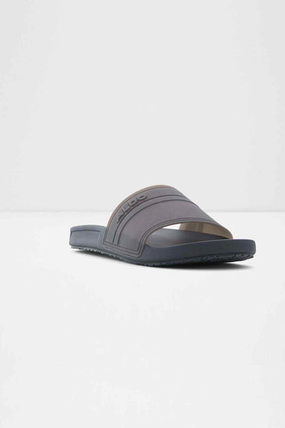 ALDO dark blue slide sandal, angled view with logo strap