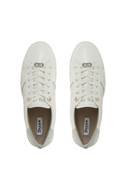 Pair of white lace-up sneakers with logo tongue and brown inner lining