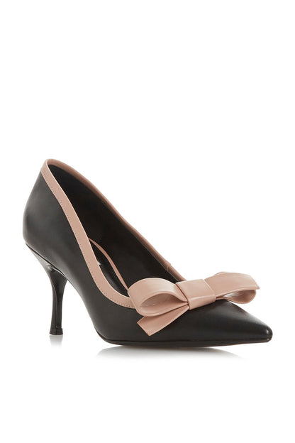 Black pointed-toe stiletto heels with pale pink bow at the front