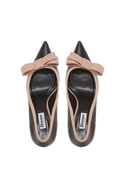 Pair of black pointed-toe stiletto heels with pale pink bows and Dune tags