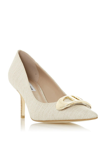 Dune London natural textured pointed-toe heeled pumps with ankle buckle strap