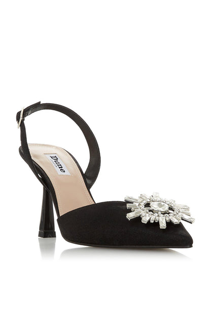 Black pointed-toe heeled slingback with silver jewel applique and sling strap