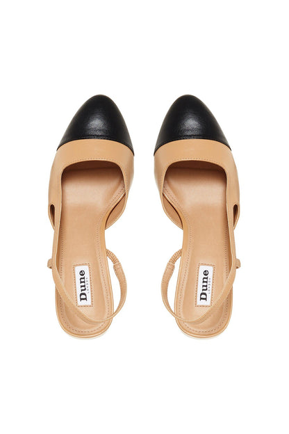 Two-tone slingback heels with open back, camel straps and black rounded toe cap