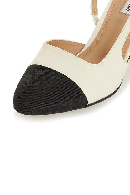 Dune London ivory heel shoe with black fabric toe panel