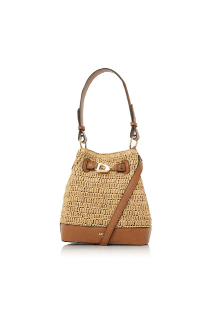 Natural raffia bucket bag with leather handles and front logo hardware, brown base trim