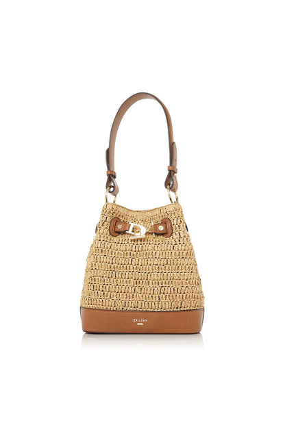 Natural raffia bucket bag with leather top handles and logo front, brown trim