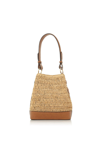 Natural raffia bucket bag with leather top handles and compact bucket shape, brown base