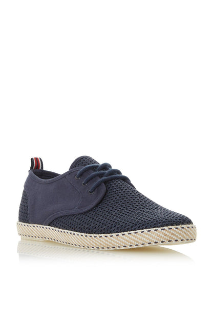 Navy lace-up sneaker with textured upper, jute-style sole, and striped heel pull tab