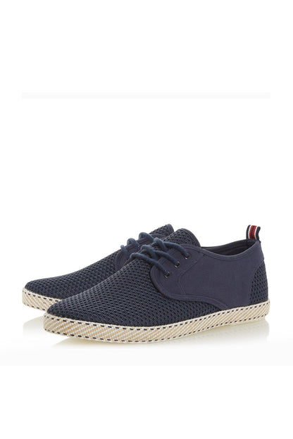 Navy lace-up trainer with woven upper texture and jute-style striped edge sole