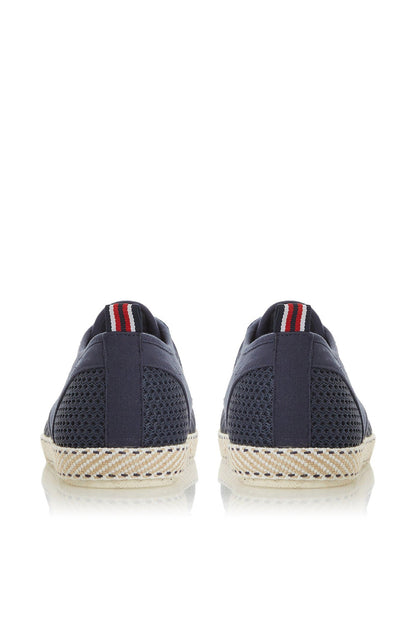 Navy lace-up sneaker pair with rear tab stripes and jute-style sole