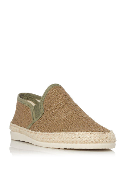 Khaki woven slip-on espadrille shoes with canvas lining and jute-style sole
