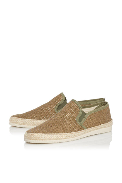 Khaki woven slip-on espadrille shoes with low jute-style sole and stitched trim
