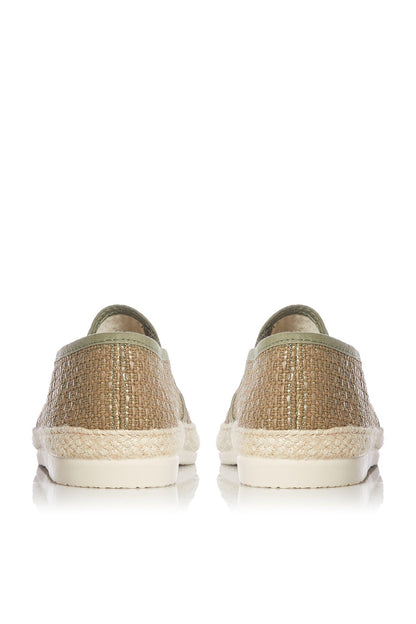 Khaki woven slip-on espadrille shoes, rear view with white sole edge