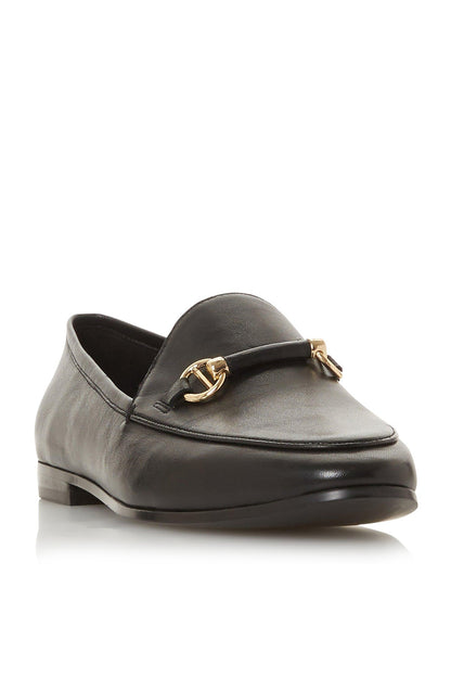 Black leather loafer with gold bit logo detail and low stacked heel
