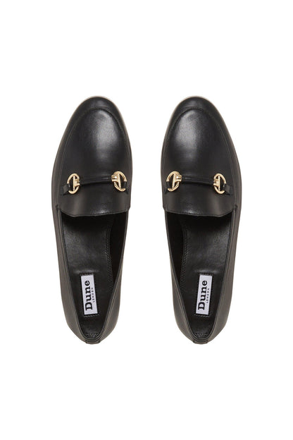 Pair of black leather slip-on loafers with gold bit hardware and logo lining