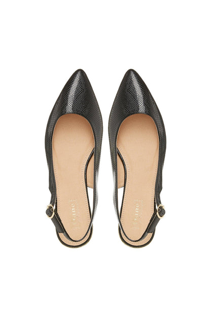Dune London black textured pointed-toe slingback flats, front view of pair
