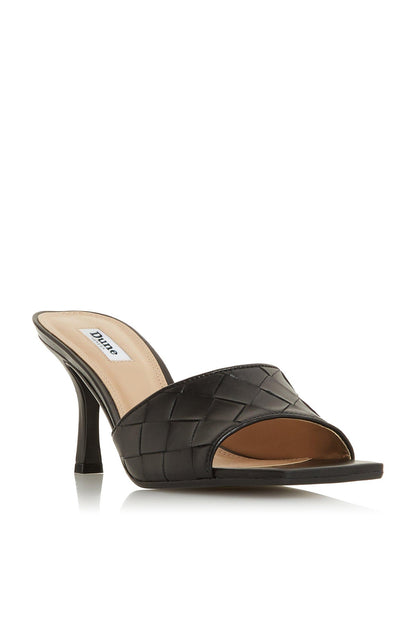 Dune London black quilted leather mule sandals, open toe with block heel