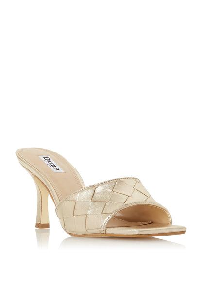 Dune London heeled mule sandals, gold woven strap and open toe