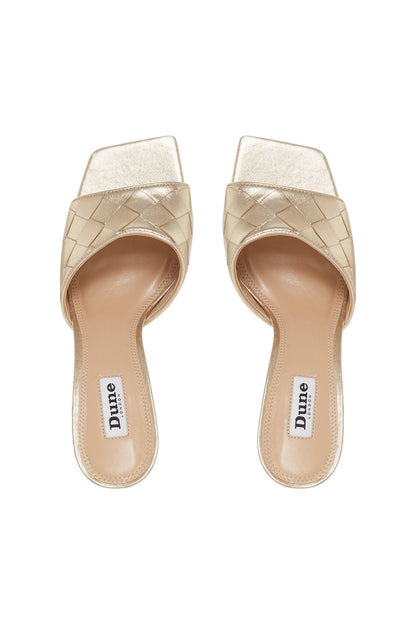 Heeled mule sandals in gold, open toe with woven front slip-on fit