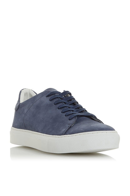 Dune London blue suede low-top sneakers, lace-up, white rubber sole, side view
