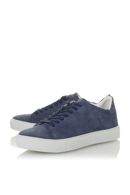 Dune London blue suede low-top sneakers, lace-up, off-white sole, angled view