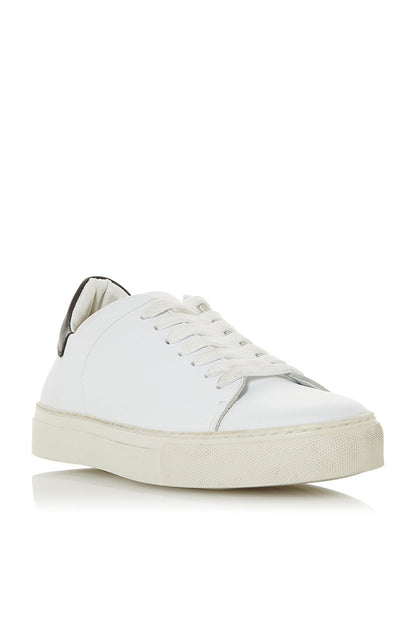 White leather low-top sneakers, lace-up with white rubber sole and black heel lining