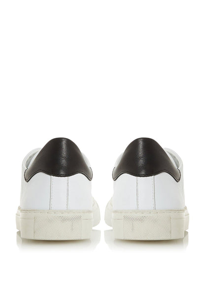 Back view of white sneakers with black heel caps and padded collar