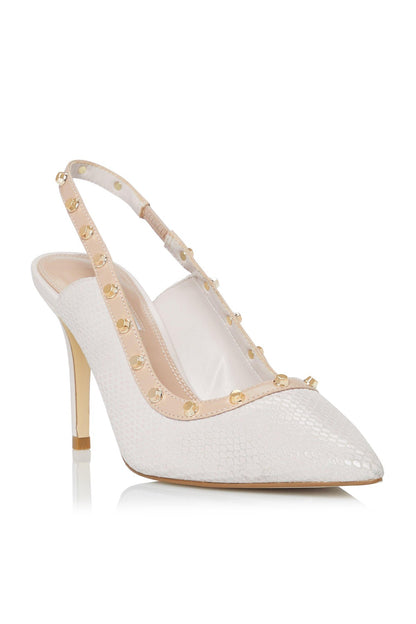 Dune London white pointed-toe high heels with gold stud trim and slingback strap