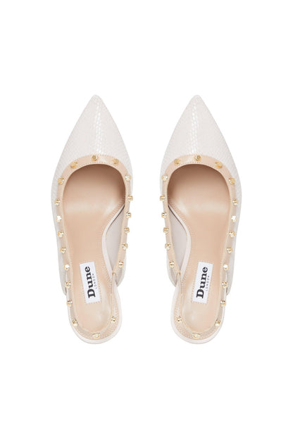 Dune London white pointed-toe pumps with gold stud edging, visible 'Dune' logo