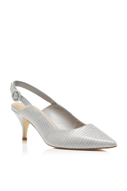 Grey textured slingback high-heel shoes with ankle strap and buckle