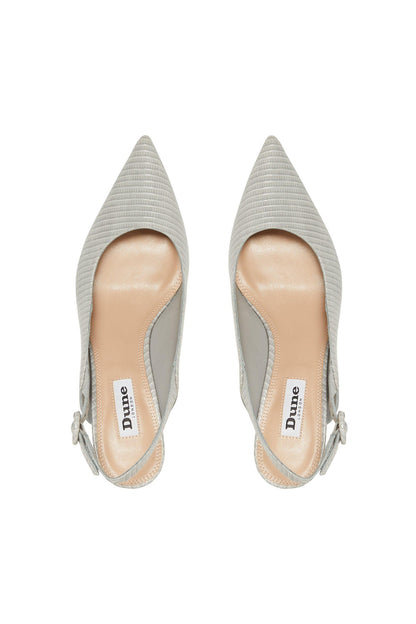 Grey pointed-toe slingback heels, inner lining visible, buckle strap on sides