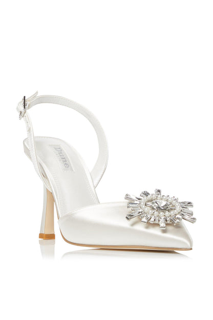 Ivory satin heeled sandals with crystal starburst embellishment and slender heel