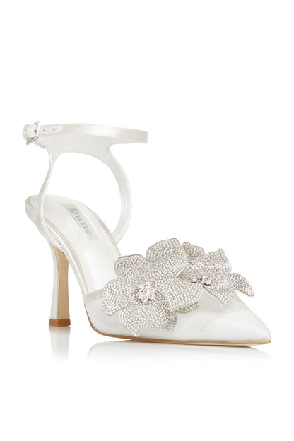 Dune London ivory embellished slingback heeled sandals with crystal floral appliques