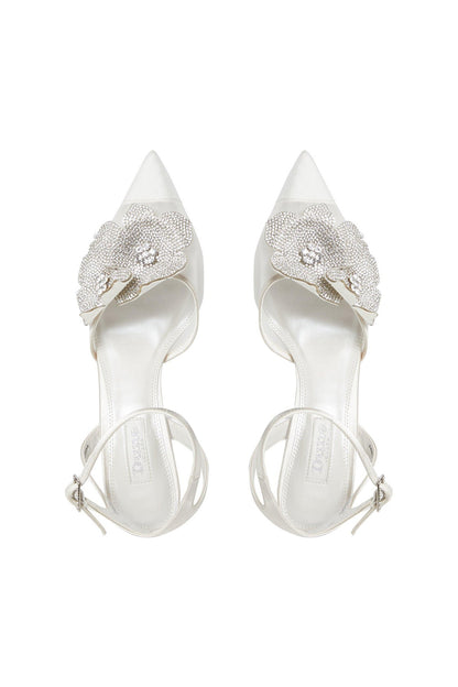 Ivory crystal floral slip-on slingback heels with thin ankle strap