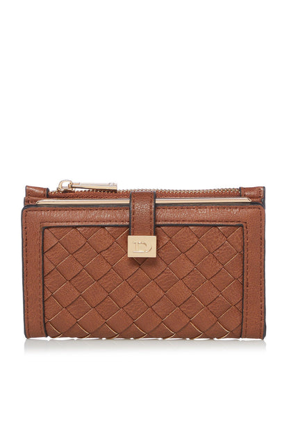 Dune London tan quilted card wallet with diamond pattern, snap clasp