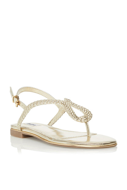 Gold flat thong sandal with braided straps and ankle tie