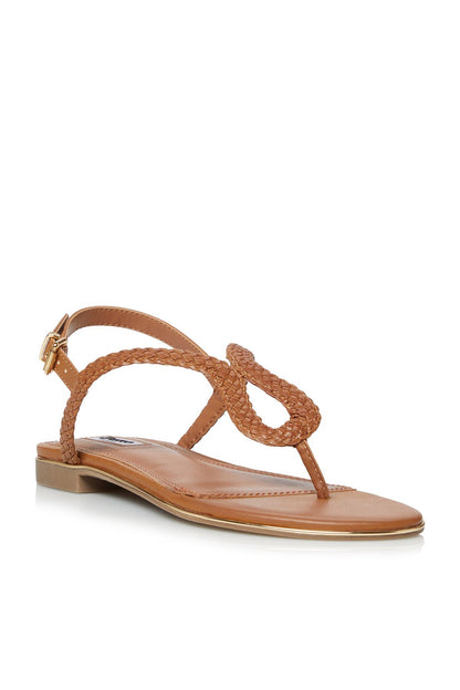 Tan leather thong sandals with braided toe strap and ankle tie