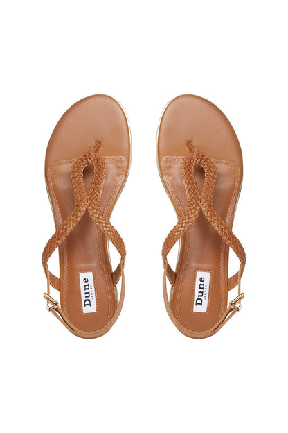 Tan thong sandals pair with braided straps and Dune insole logo