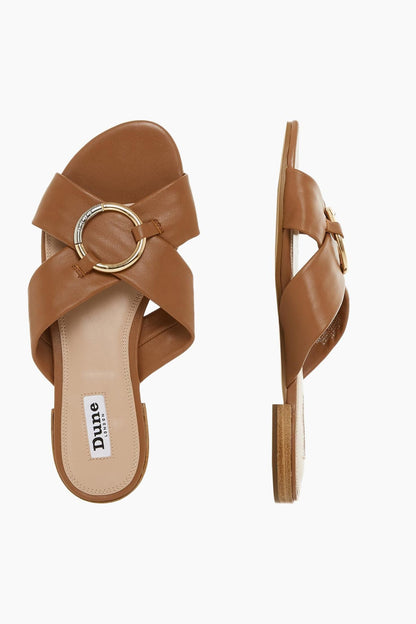 Tan leather open-toe sandals with crisscross strap and round metal buckle, low flat