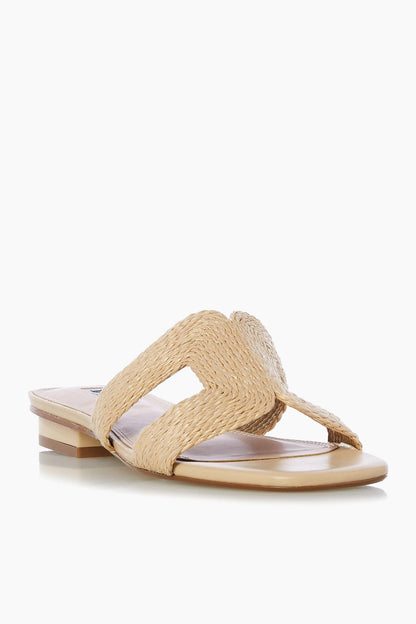 Natural raffia slide sandals with crisscross straps and open toe