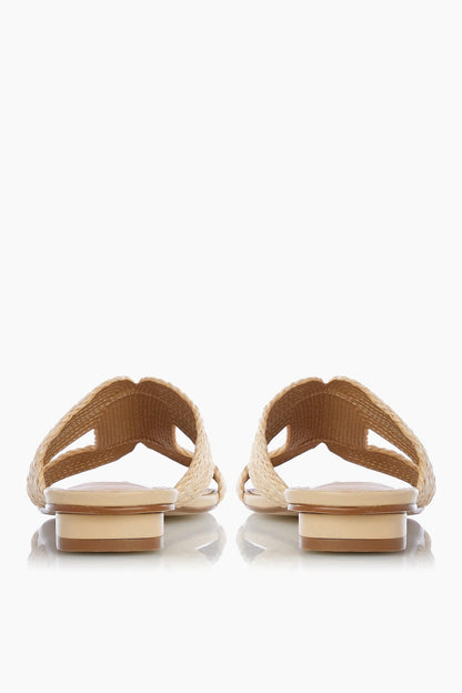 Pair of natural raffia slide sandals with open toe and low heel