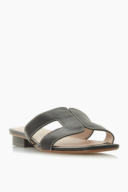 Black slide sandals with wide double straps and low flat heel