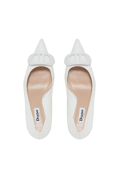 White pointed-toe heeled pumps with bow-like strap and Dune logo insole