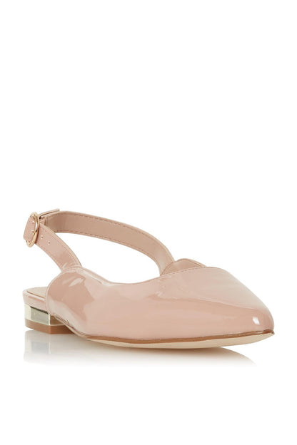 Nude patent slingback flat with low block heel and adjustable ankle strap
