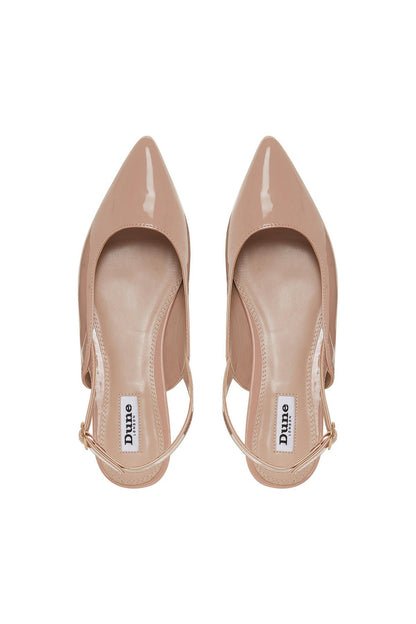 Nude patent slingback flats with pointed toe and ankle strap buckle