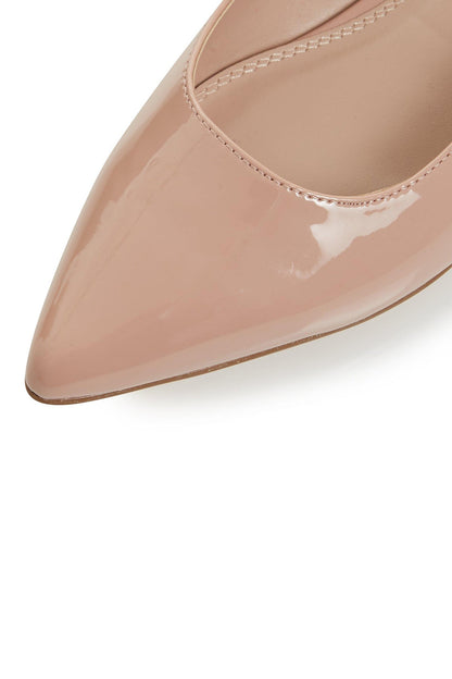 Nude patent pointed-toe slingback flat with curved seam detail