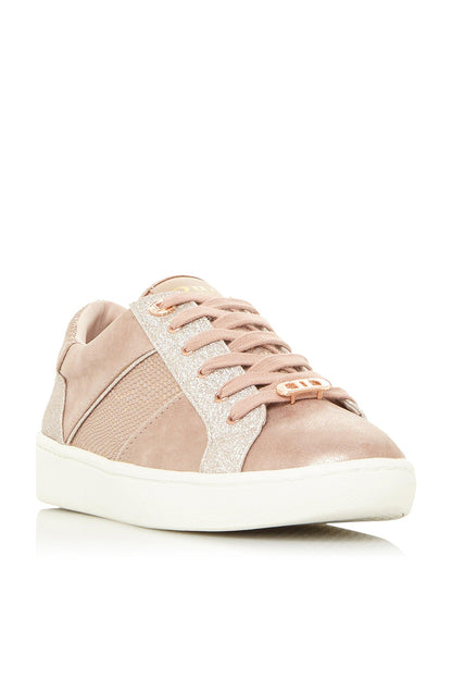 Dune London rose gold low-top sneakers with glitter panel, lace-up and white sole