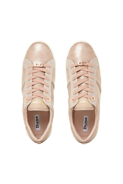 Rose gold and beige lace-up sneakers with rounded toe and white rubber sole