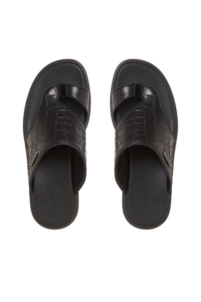 Dune London black slip-on sandals, crocodile-texture straps, open toe