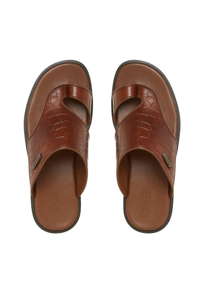 Dune London tan-brown croc-textured open-toe slide sandals, front view, slip-on
